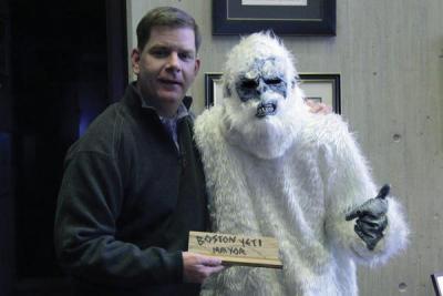 Mayor Walsh with the Boston Yeti, who appeared in a humorous video with the mayor for the St. Patrick’s Day Breakfast in South Boston.